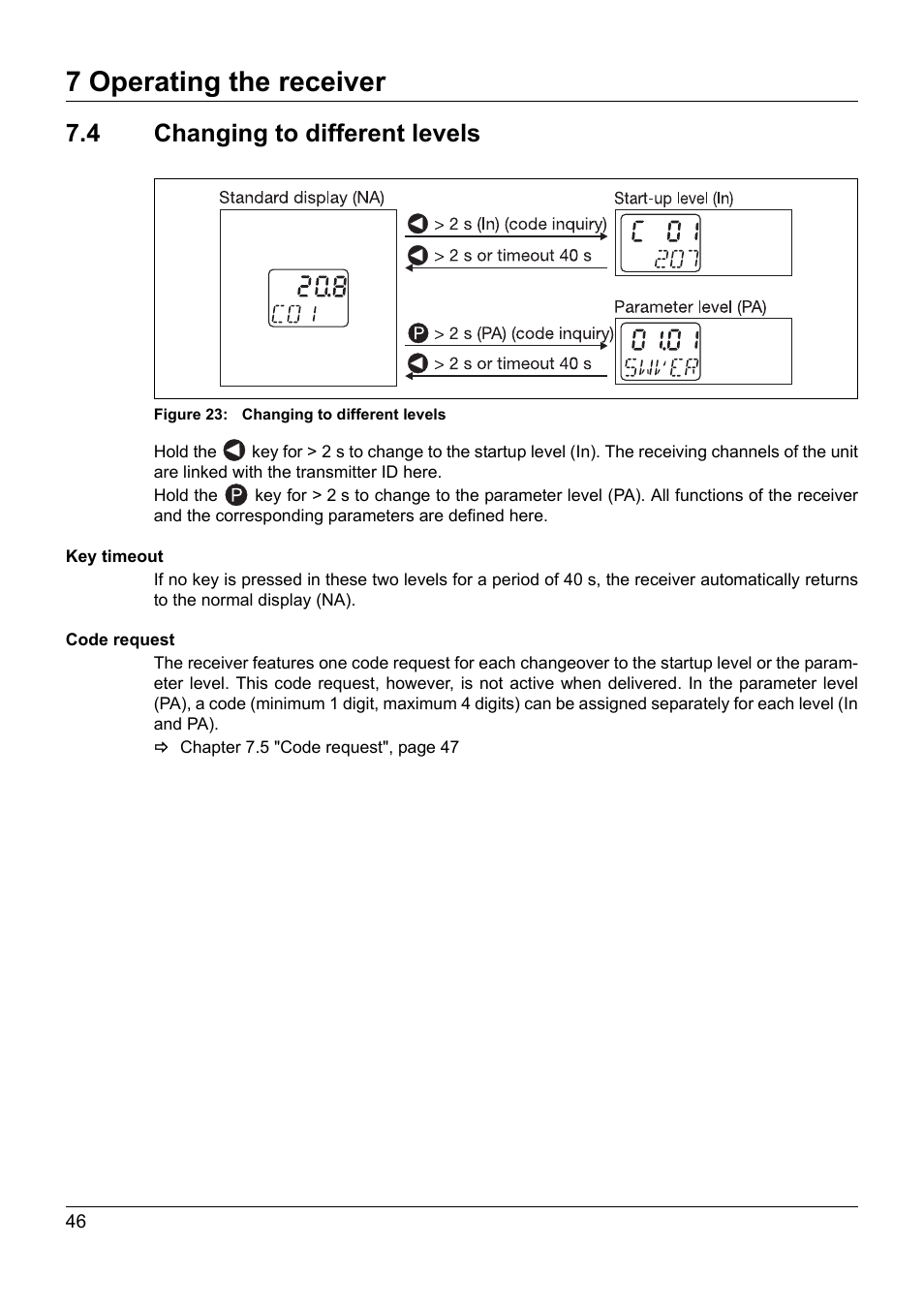 7 operating the receiver, 4 changing to different levels | JUMO 902931 Wtrans Receiver with Wireless Data Transmission Operating Manual User Manual | Page 46 / 104