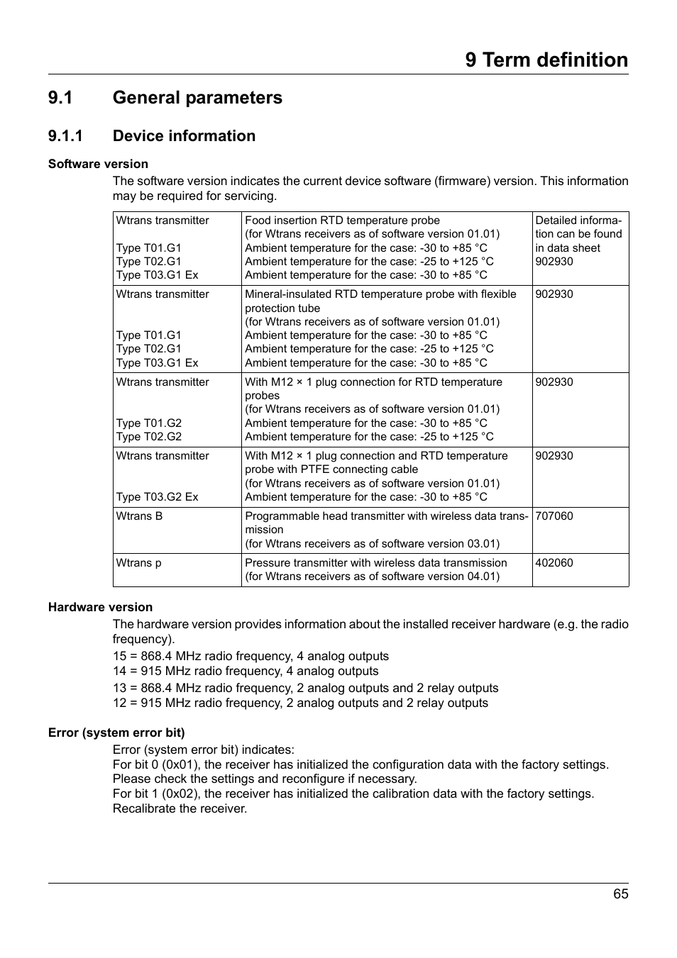 9 term definition, 1 general parameters, 1 device information | JUMO 902931 Wtrans Receiver with Wireless Data Transmission Operating Manual User Manual | Page 65 / 104