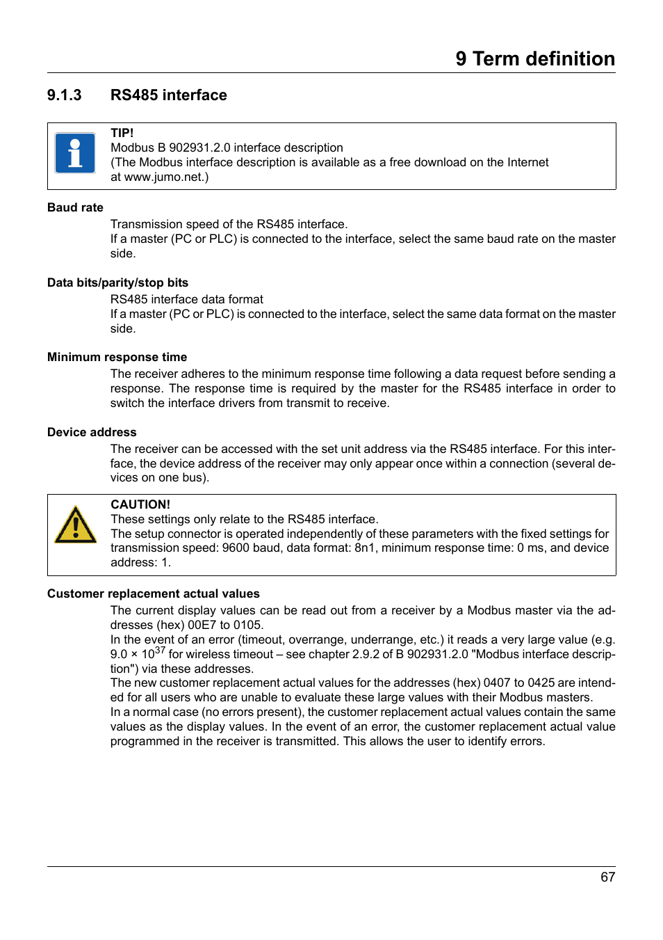 9 term definition, 3 rs485 interface | JUMO 902931 Wtrans Receiver with Wireless Data Transmission Operating Manual User Manual | Page 67 / 104