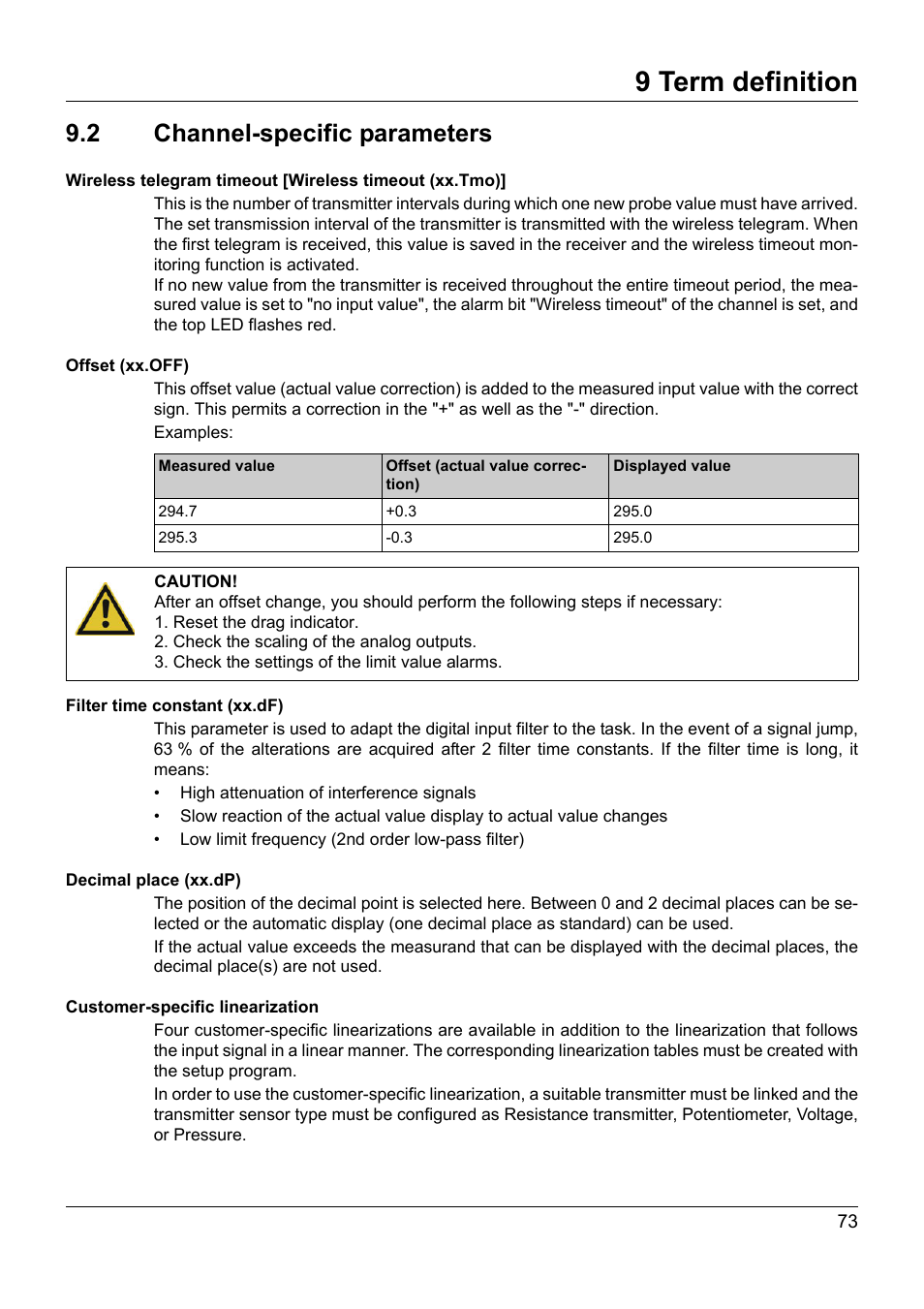9 term definition, 2 channel-specific parameters | JUMO 902931 Wtrans Receiver with Wireless Data Transmission Operating Manual User Manual | Page 73 / 104