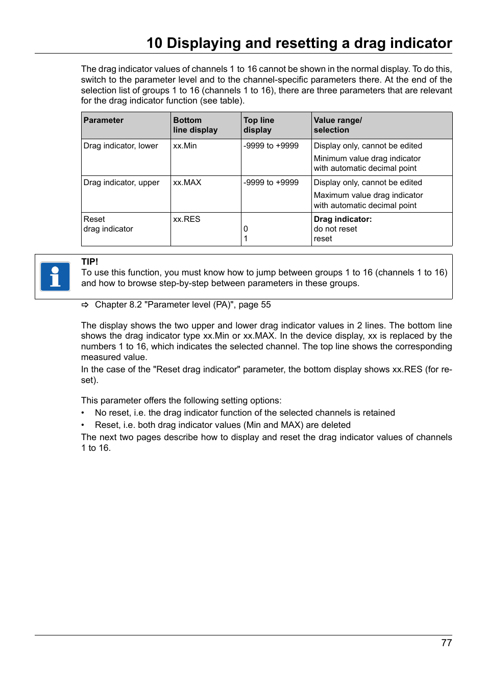 10 displaying and resetting a drag indicator | JUMO 902931 Wtrans Receiver with Wireless Data Transmission Operating Manual User Manual | Page 77 / 104