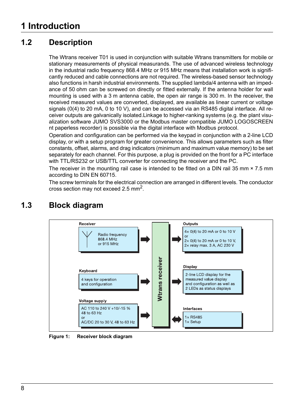 1 introduction, 2 description, 3 block diagram | JUMO 902931 Wtrans Receiver with Wireless Data Transmission Operating Manual User Manual | Page 8 / 104