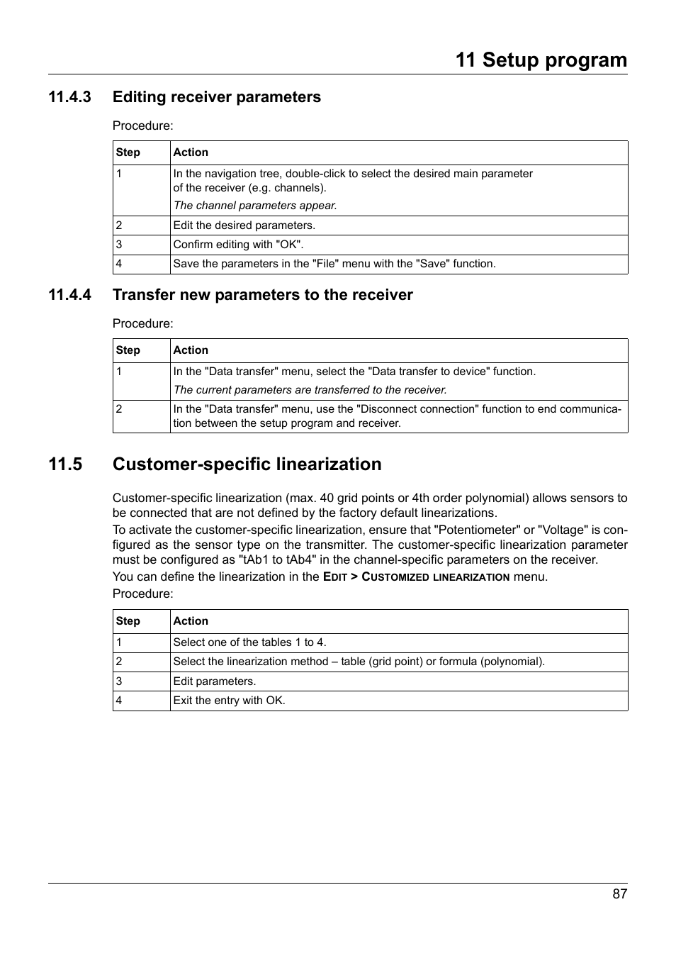 11 setup program, 5 customer-specific linearization, 3 editing receiver parameters | 4 transfer new parameters to the receiver | JUMO 902931 Wtrans Receiver with Wireless Data Transmission Operating Manual User Manual | Page 87 / 104