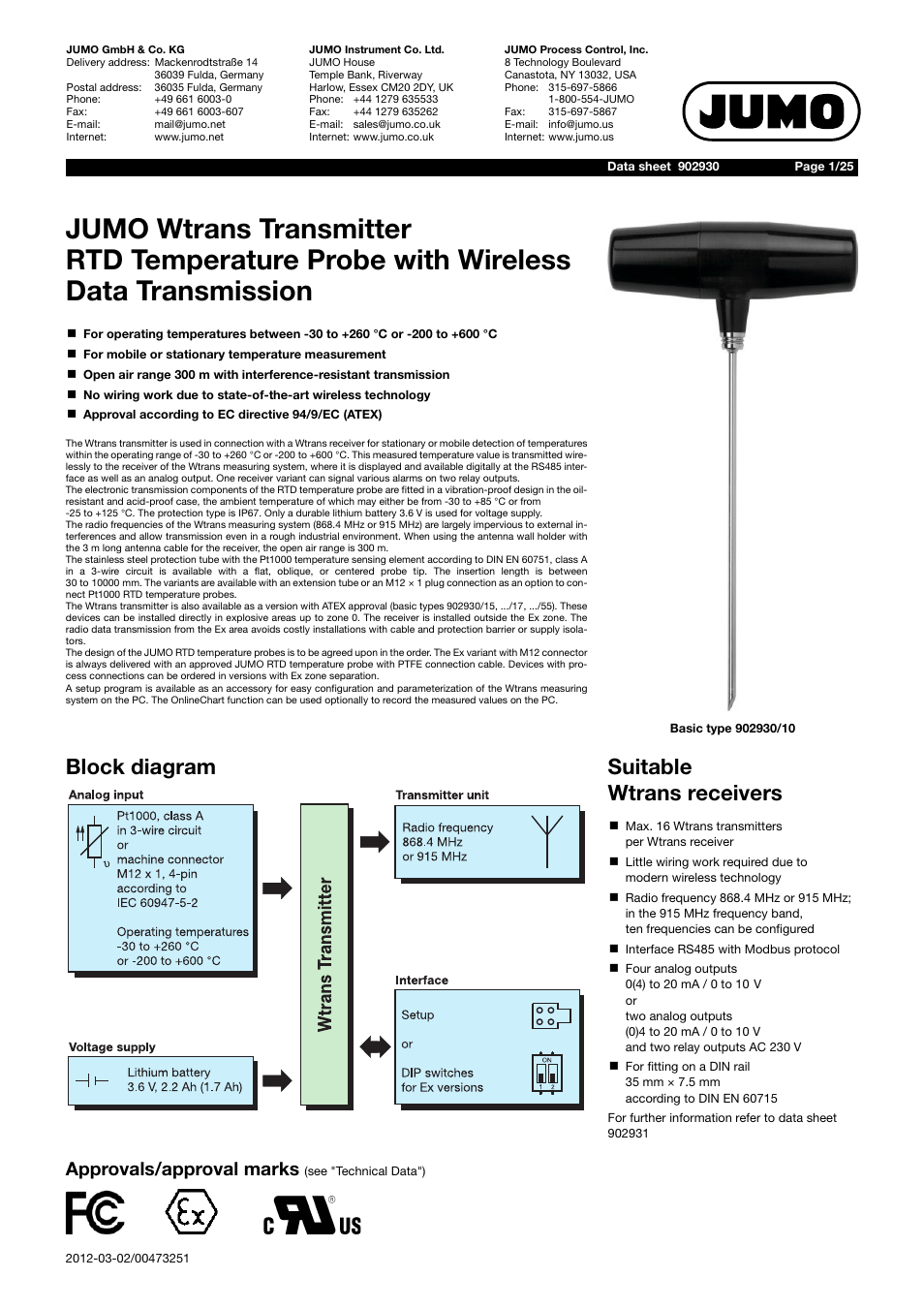 JUMO 902930 Wtrans Transmitter RTD Temperature Probe with Wireless Data Transmission Data Sheet User Manual | 25 pages