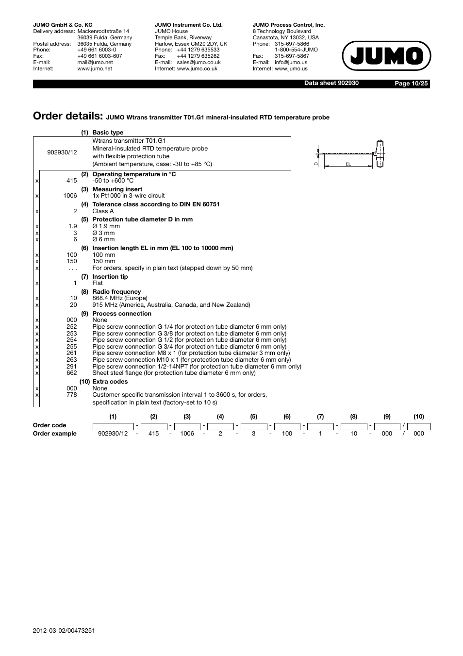 Order details | JUMO 902930 Wtrans Transmitter RTD Temperature Probe with Wireless Data Transmission Data Sheet User Manual | Page 10 / 25