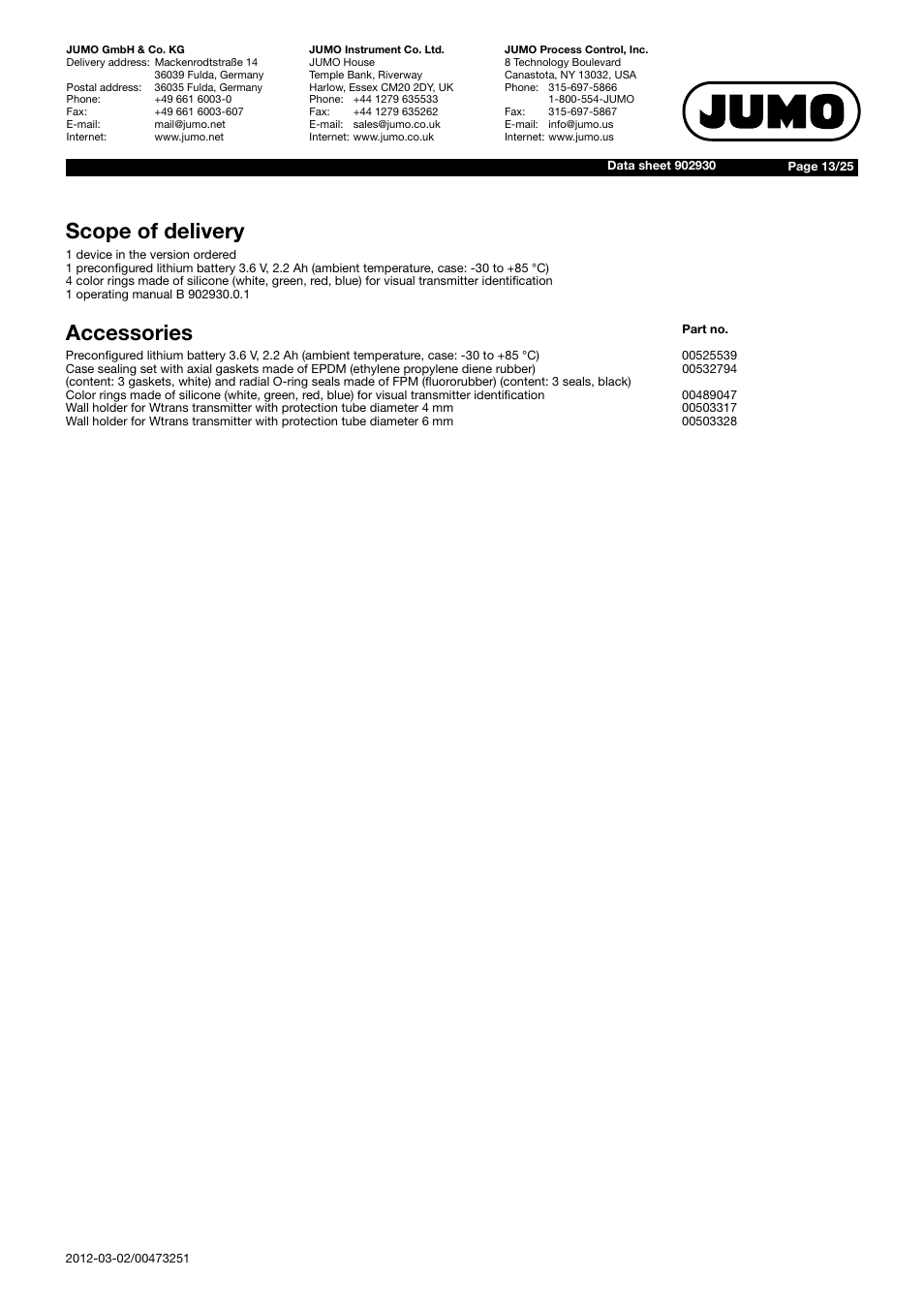 Scope of delivery, Accessories | JUMO 902930 Wtrans Transmitter RTD Temperature Probe with Wireless Data Transmission Data Sheet User Manual | Page 13 / 25