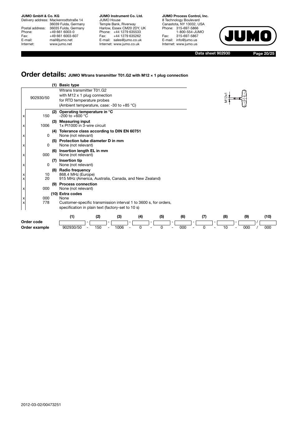 Order details | JUMO 902930 Wtrans Transmitter RTD Temperature Probe with Wireless Data Transmission Data Sheet User Manual | Page 20 / 25