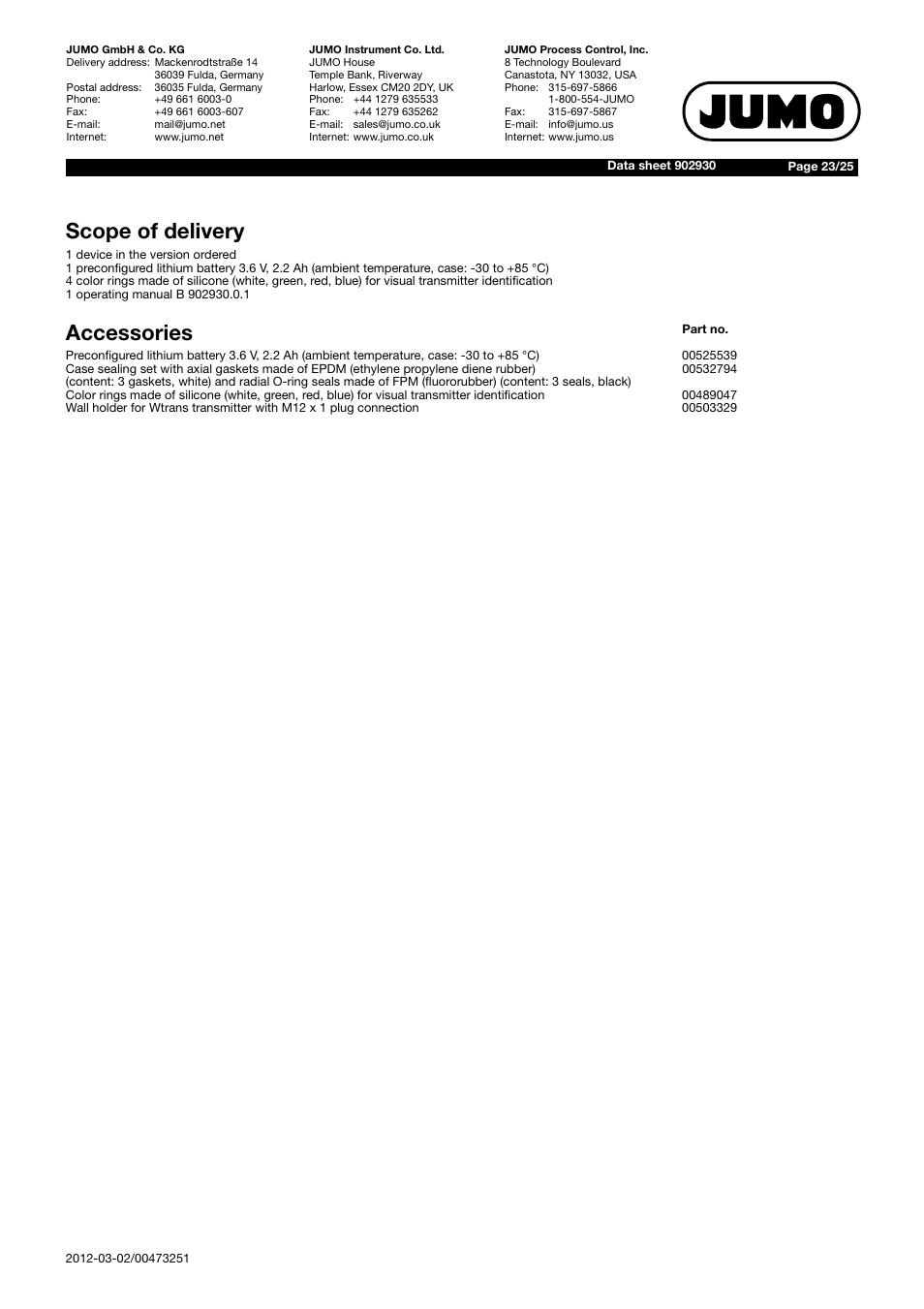 Scope of delivery, Accessories | JUMO 902930 Wtrans Transmitter RTD Temperature Probe with Wireless Data Transmission Data Sheet User Manual | Page 23 / 25