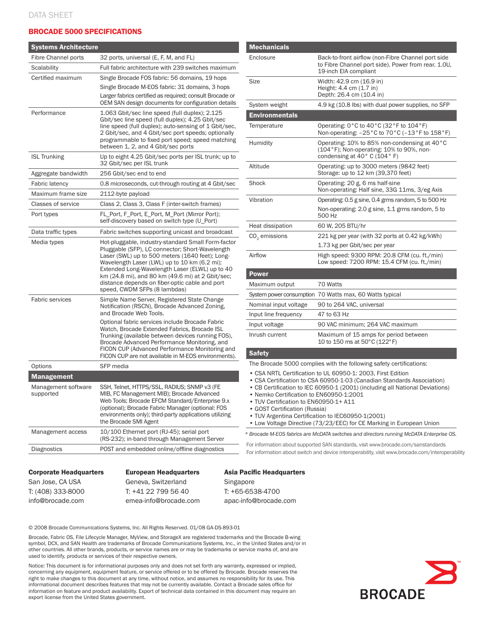 Data sheet | Brocade Communications Systems Brocade Switch 5000 User Manual | Page 4 / 4