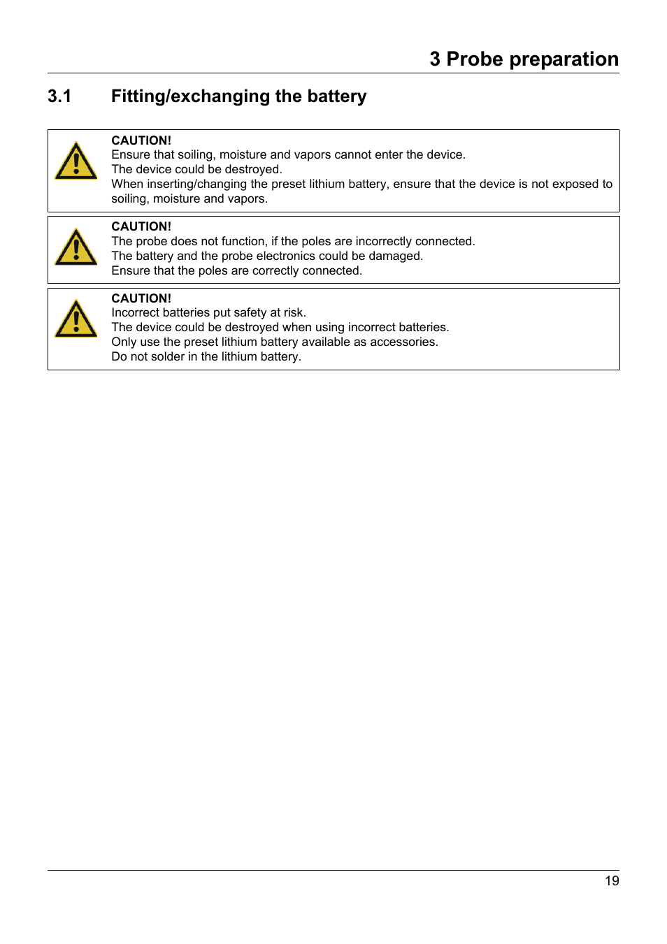 3 probe preparation, 1 fitting/exchanging the battery, Probe preparation | Fitting/exchanging the battery | JUMO 902930 Wtrans Transmitter RTD Temperature Probe with Wireless Data Transmission Operating Manual User Manual | Page 19 / 52
