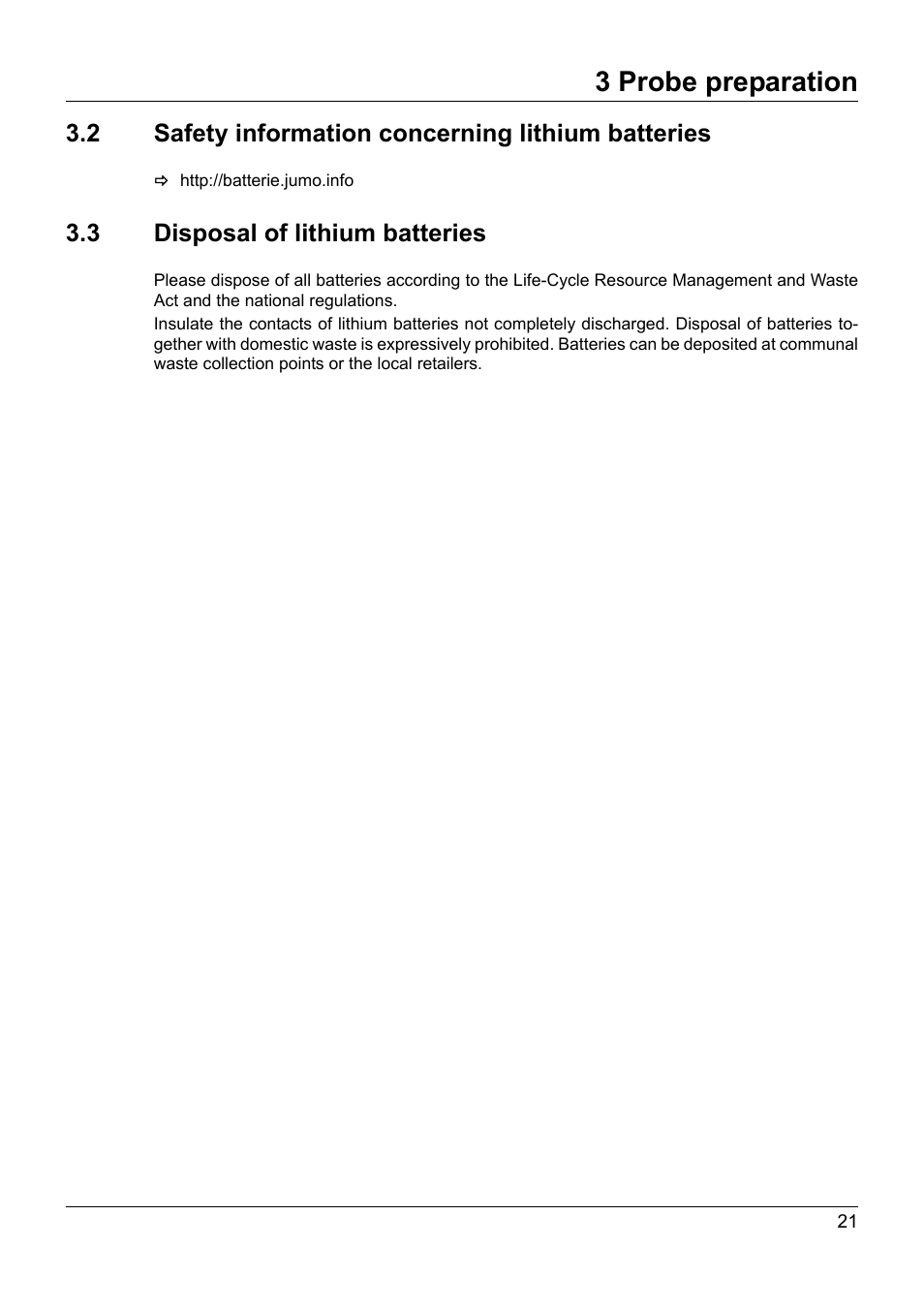 2 safety information concerning lithium batteries, 3 disposal of lithium batteries, Safety information concerning lithium batteries | Disposal of lithium batteries, 3 probe preparation | JUMO 902930 Wtrans Transmitter RTD Temperature Probe with Wireless Data Transmission Operating Manual User Manual | Page 21 / 52