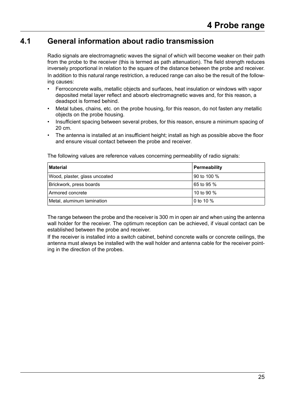 4 probe range, 1 general information about radio transmission, Probe range | General information about radio transmission | JUMO 902930 Wtrans Transmitter RTD Temperature Probe with Wireless Data Transmission Operating Manual User Manual | Page 25 / 52