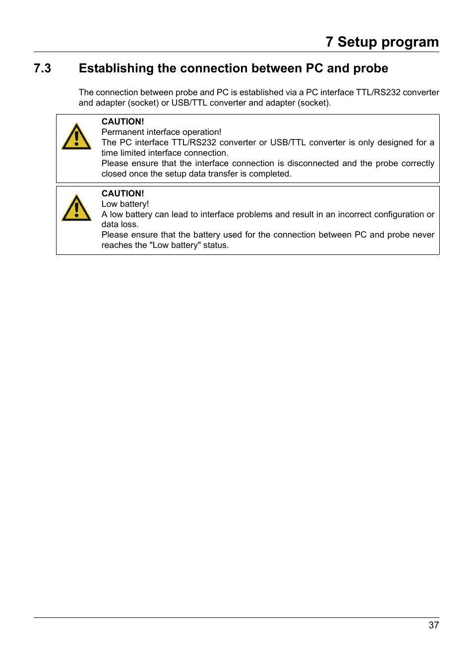 3 establishing the connection between pc and probe, Establishing the connection between pc and probe, 7 setup program | JUMO 902930 Wtrans Transmitter RTD Temperature Probe with Wireless Data Transmission Operating Manual User Manual | Page 37 / 52