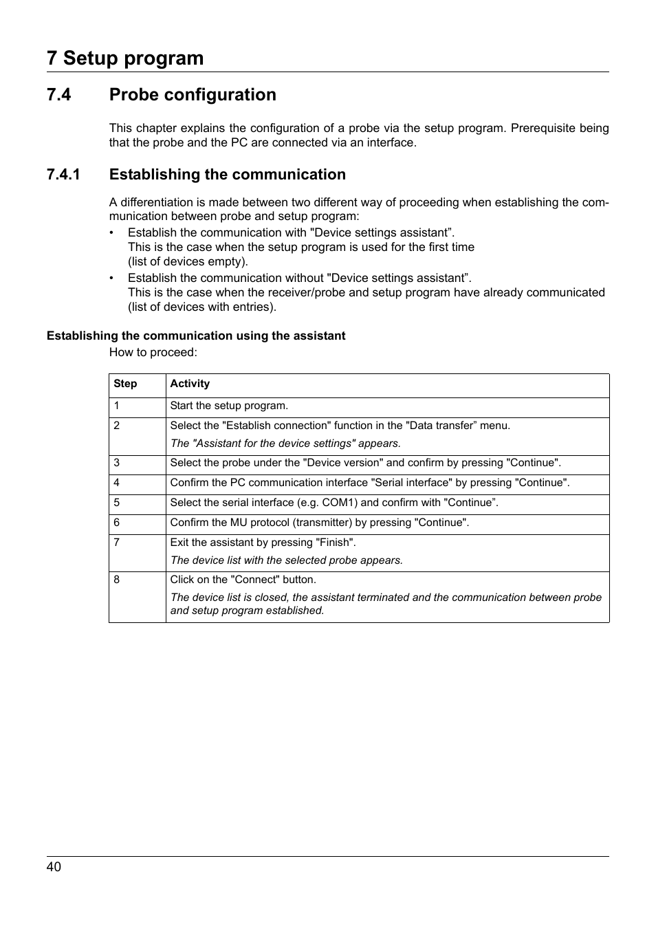 4 probe configuration, 1 establishing the communication, Probe configuration | 7 setup program | JUMO 902930 Wtrans Transmitter RTD Temperature Probe with Wireless Data Transmission Operating Manual User Manual | Page 40 / 52