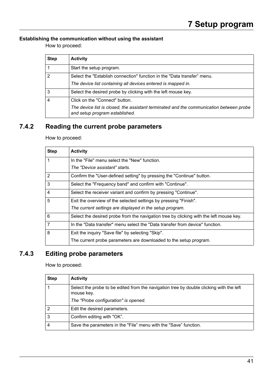 2 reading the current probe parameters, 3 editing probe parameters, 7 setup program | JUMO 902930 Wtrans Transmitter RTD Temperature Probe with Wireless Data Transmission Operating Manual User Manual | Page 41 / 52