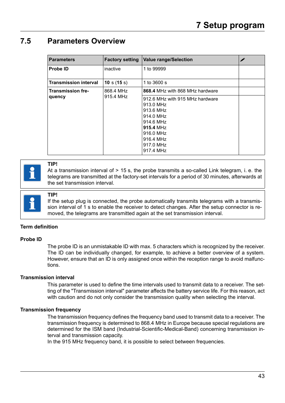 5 parameters overview, Parameters overview, 7 setup program | JUMO 902930 Wtrans Transmitter RTD Temperature Probe with Wireless Data Transmission Operating Manual User Manual | Page 43 / 52