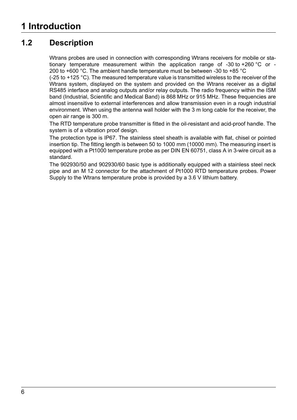 2 description, Description, 1 introduction | JUMO 902930 Wtrans Transmitter RTD Temperature Probe with Wireless Data Transmission Operating Manual User Manual | Page 6 / 52