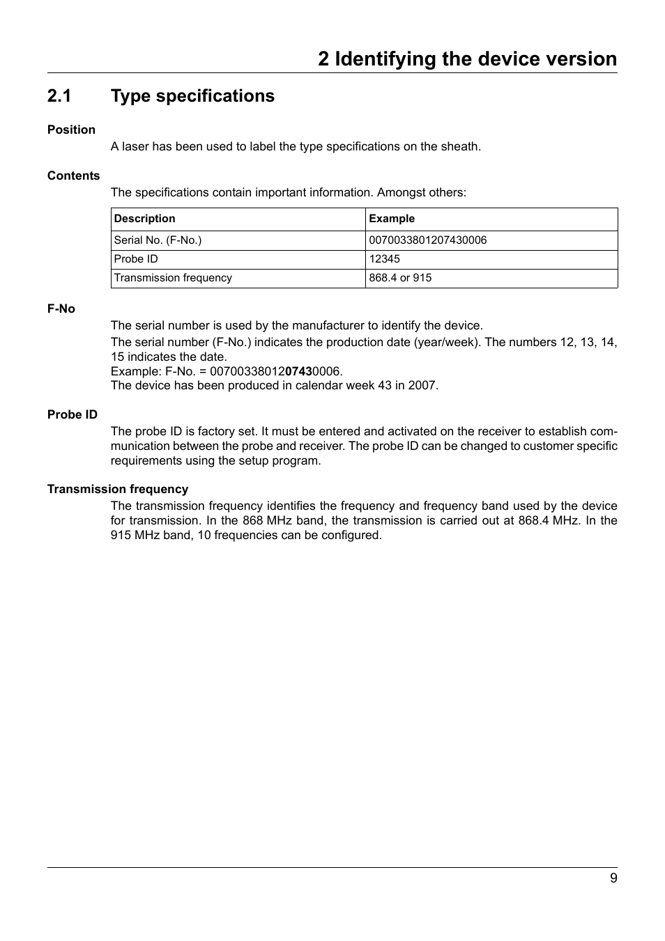2 identifying the device version, 1 type specifications, Identifying the device version | Type specifications | JUMO 902930 Wtrans Transmitter RTD Temperature Probe with Wireless Data Transmission Operating Manual User Manual | Page 9 / 52