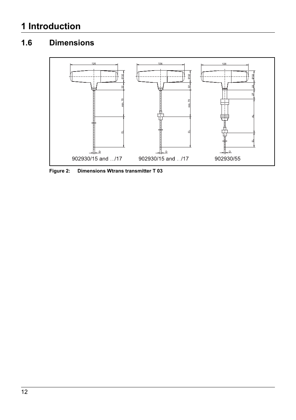 6 dimensions, Dimensions, 1 introduction | JUMO 902930 Wtrans Transmitter RTD Temperature Probe with Ex approval Operating Manual User Manual | Page 12 / 48