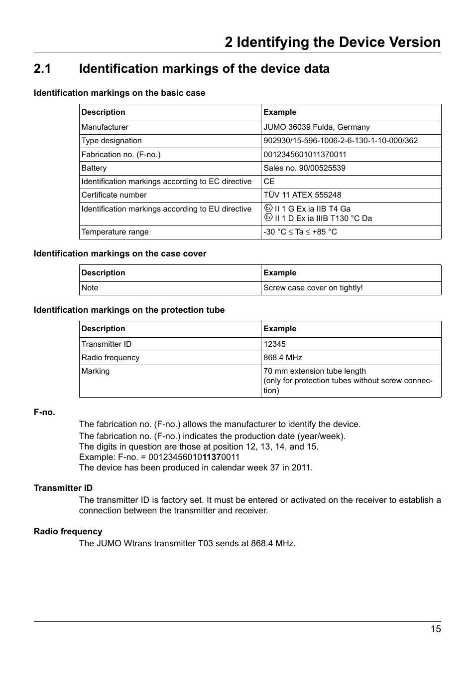 2 identifying the device version, 1 identification markings of the device data, Identifying the device version | Identification markings of the device data | JUMO 902930 Wtrans Transmitter RTD Temperature Probe with Ex approval Operating Manual User Manual | Page 15 / 48
