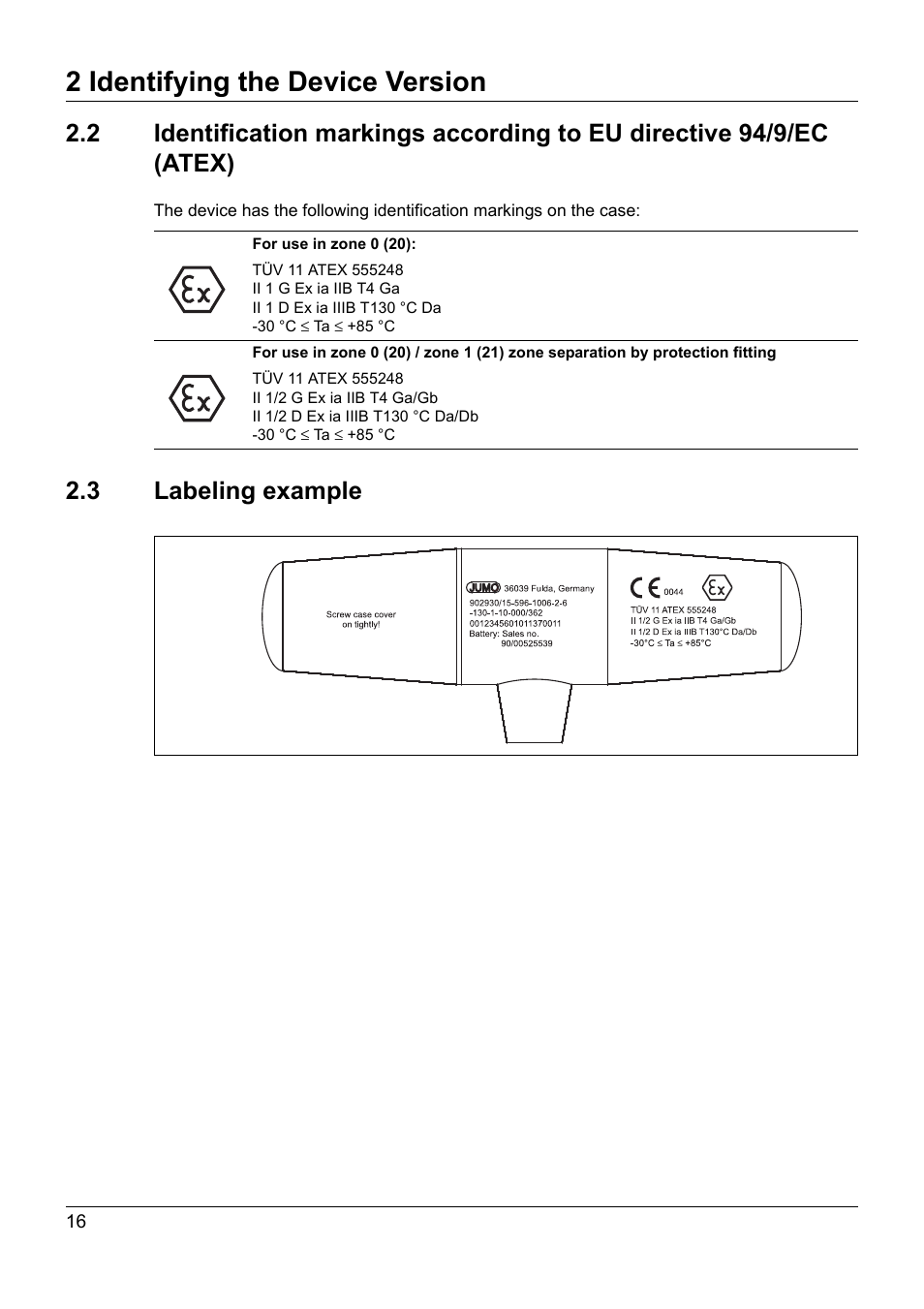 3 labeling example, Labeling example, 2 identifying the device version | JUMO 902930 Wtrans Transmitter RTD Temperature Probe with Ex approval Operating Manual User Manual | Page 16 / 48