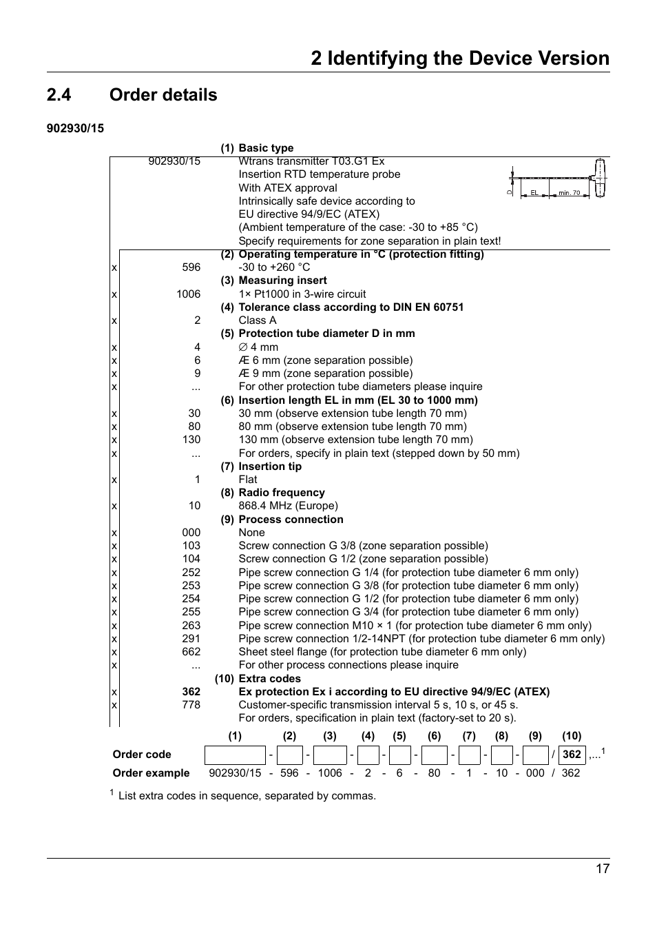 4 order details, Order details, 2 identifying the device version | JUMO 902930 Wtrans Transmitter RTD Temperature Probe with Ex approval Operating Manual User Manual | Page 17 / 48
