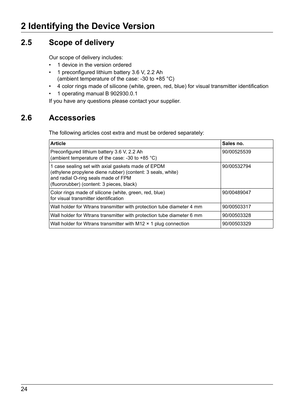 5 scope of delivery, 6 accessories, Scope of delivery | Accessories, 2 identifying the device version | JUMO 902930 Wtrans Transmitter RTD Temperature Probe with Ex approval Operating Manual User Manual | Page 24 / 48