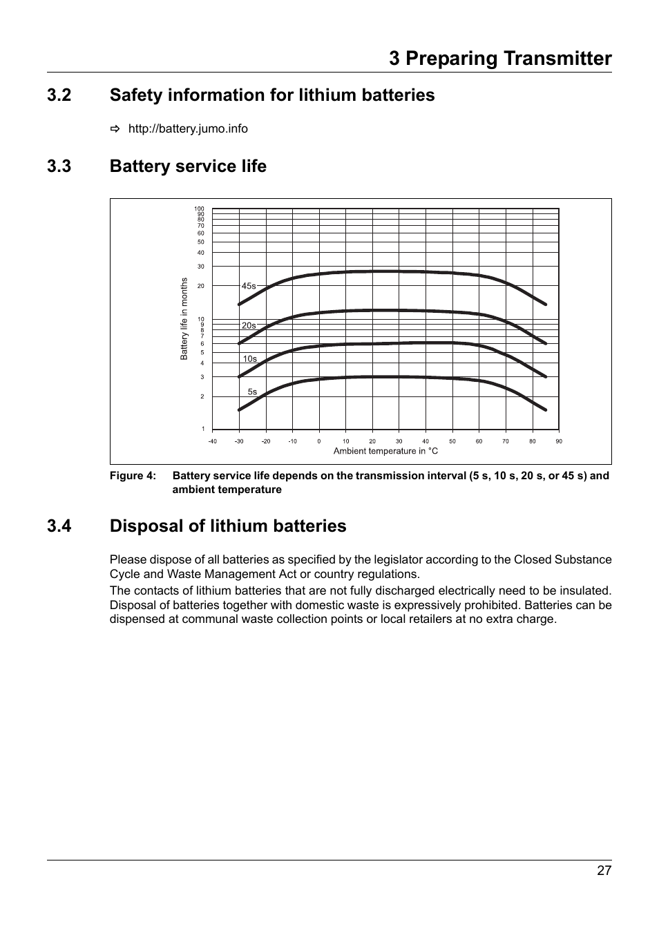 2 safety information for lithium batteries, 3 battery service life, 4 disposal of lithium batteries | Safety information for lithium batteries, Battery service life, Disposal of lithium batteries, 3 preparing transmitter | JUMO 902930 Wtrans Transmitter RTD Temperature Probe with Ex approval Operating Manual User Manual | Page 27 / 48