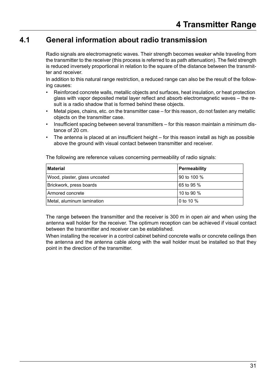 4 transmitter range, 1 general information about radio transmission, Transmitter range | General information about radio transmission | JUMO 902930 Wtrans Transmitter RTD Temperature Probe with Ex approval Operating Manual User Manual | Page 31 / 48