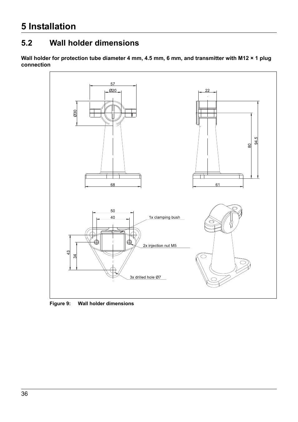 2 wall holder dimensions, Wall holder dimensions, 5 installation | JUMO 902930 Wtrans Transmitter RTD Temperature Probe with Ex approval Operating Manual User Manual | Page 36 / 48