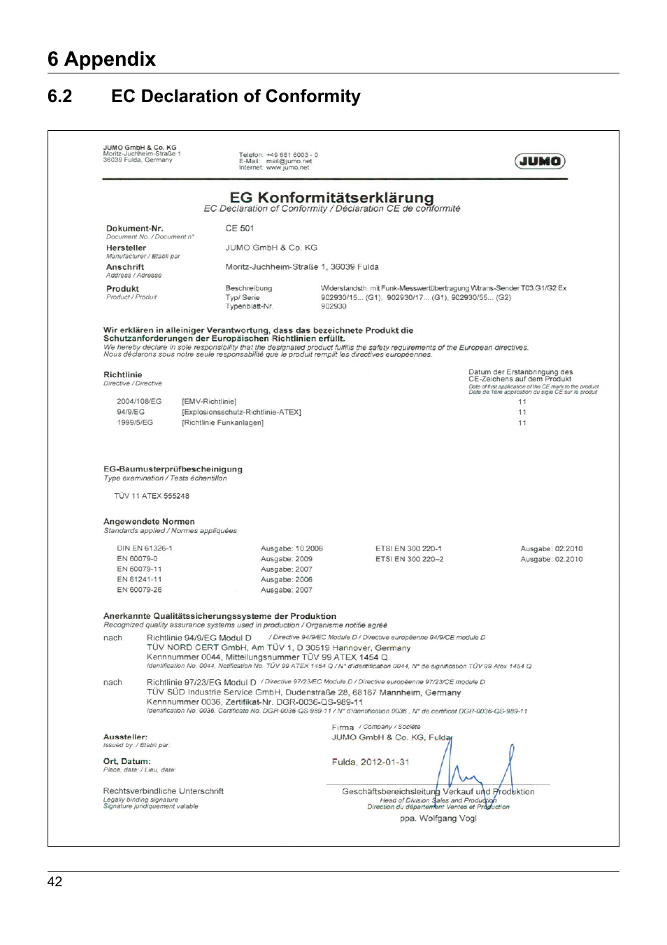 2 ec declaration of conformity, 6 appendix | JUMO 902930 Wtrans Transmitter RTD Temperature Probe with Ex approval Operating Manual User Manual | Page 42 / 48