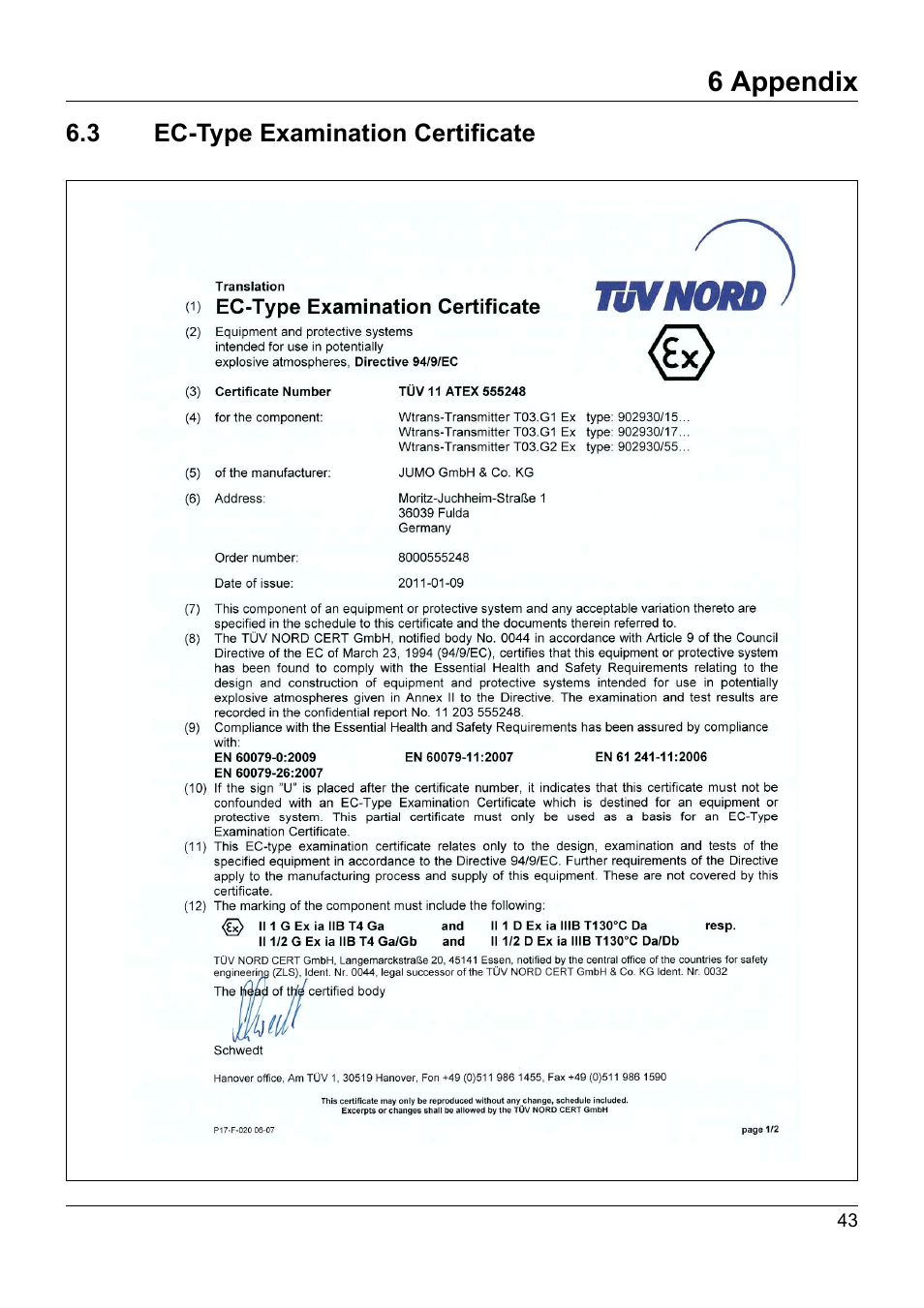 3 ec-type examination certificate, 6 appendix | JUMO 902930 Wtrans Transmitter RTD Temperature Probe with Ex approval Operating Manual User Manual | Page 43 / 48