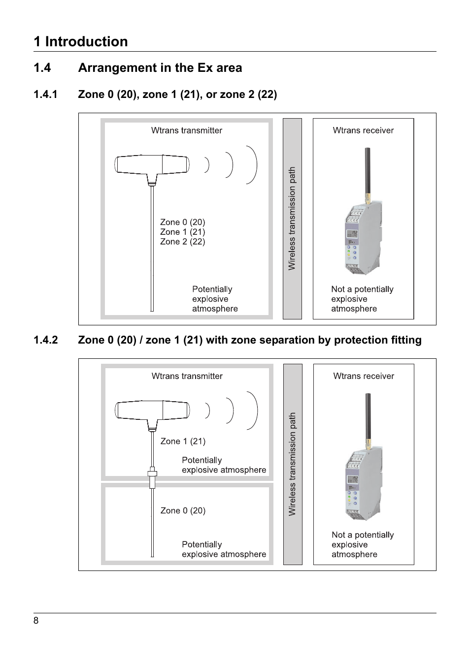 4 arrangement in the ex area, 1 zone 0 (20), zone 1 (21), or zone 2 (22), Arrangement in the ex area | 1 introduction | JUMO 902930 Wtrans Transmitter RTD Temperature Probe with Ex approval Operating Manual User Manual | Page 8 / 48