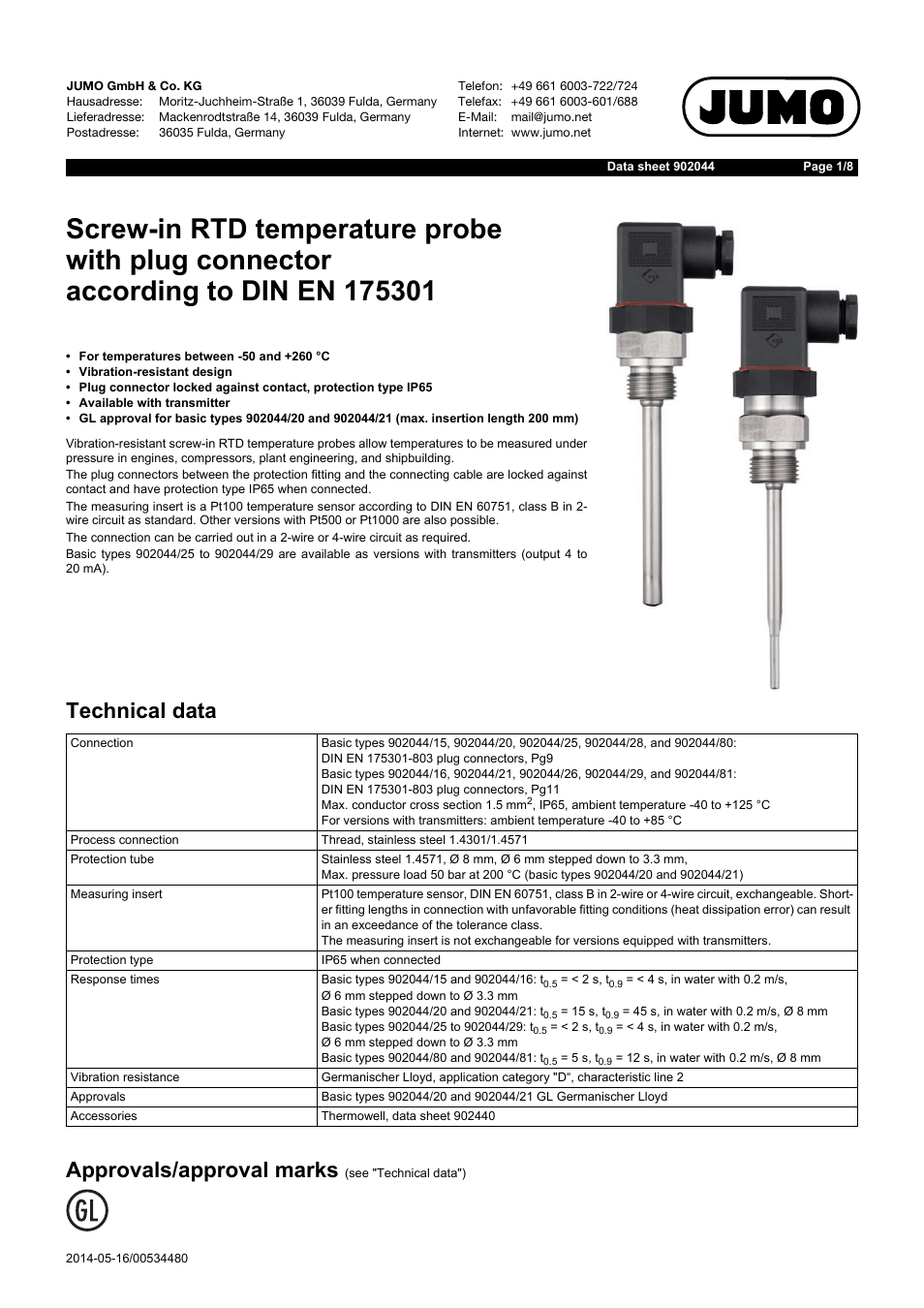 JUMO 902044 Screw-in RTD Temperature Probe with Connector According to DIN EN 175301 Data Sheet User Manual | 8 pages