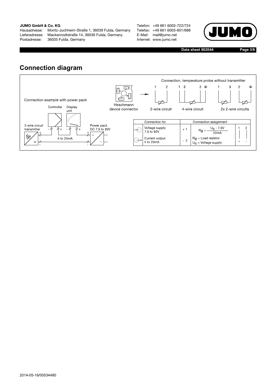 Connection diagram | JUMO 902044 Screw-in RTD Temperature Probe with Connector According to DIN EN 175301 Data Sheet User Manual | Page 3 / 8