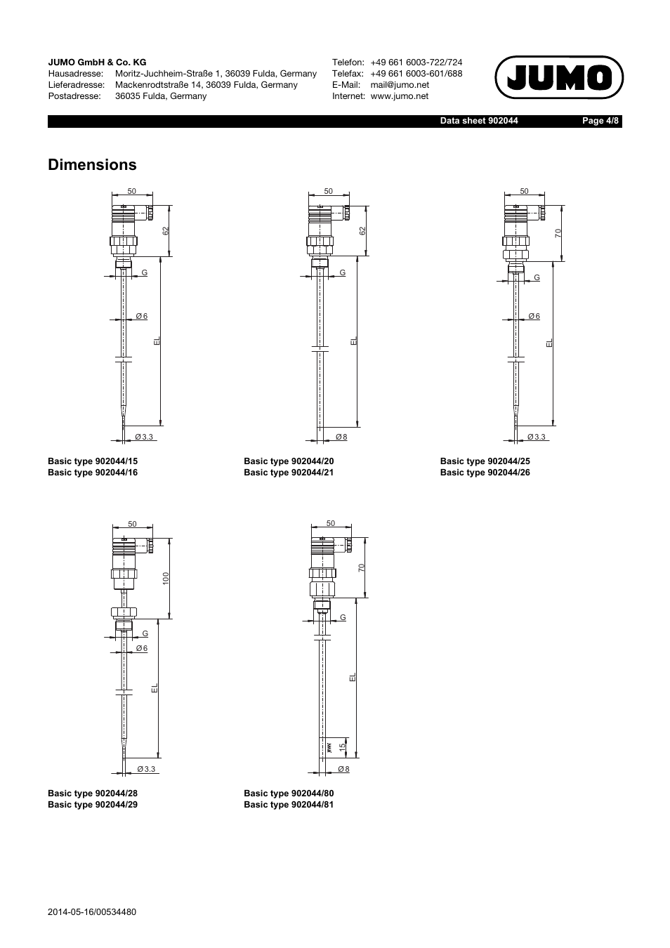 Dimensions | JUMO 902044 Screw-in RTD Temperature Probe with Connector According to DIN EN 175301 Data Sheet User Manual | Page 4 / 8