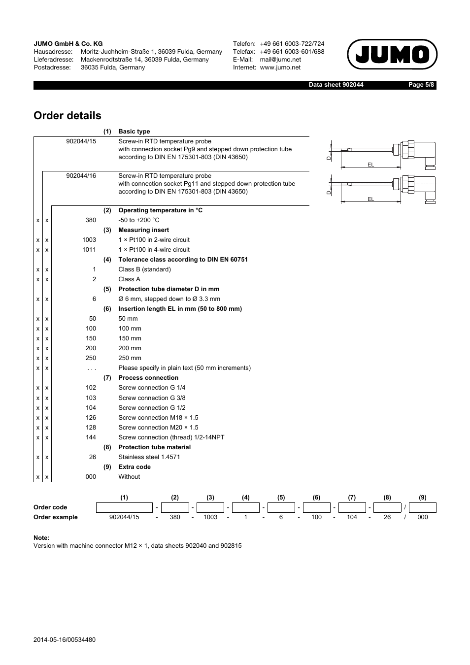 Order details | JUMO 902044 Screw-in RTD Temperature Probe with Connector According to DIN EN 175301 Data Sheet User Manual | Page 5 / 8