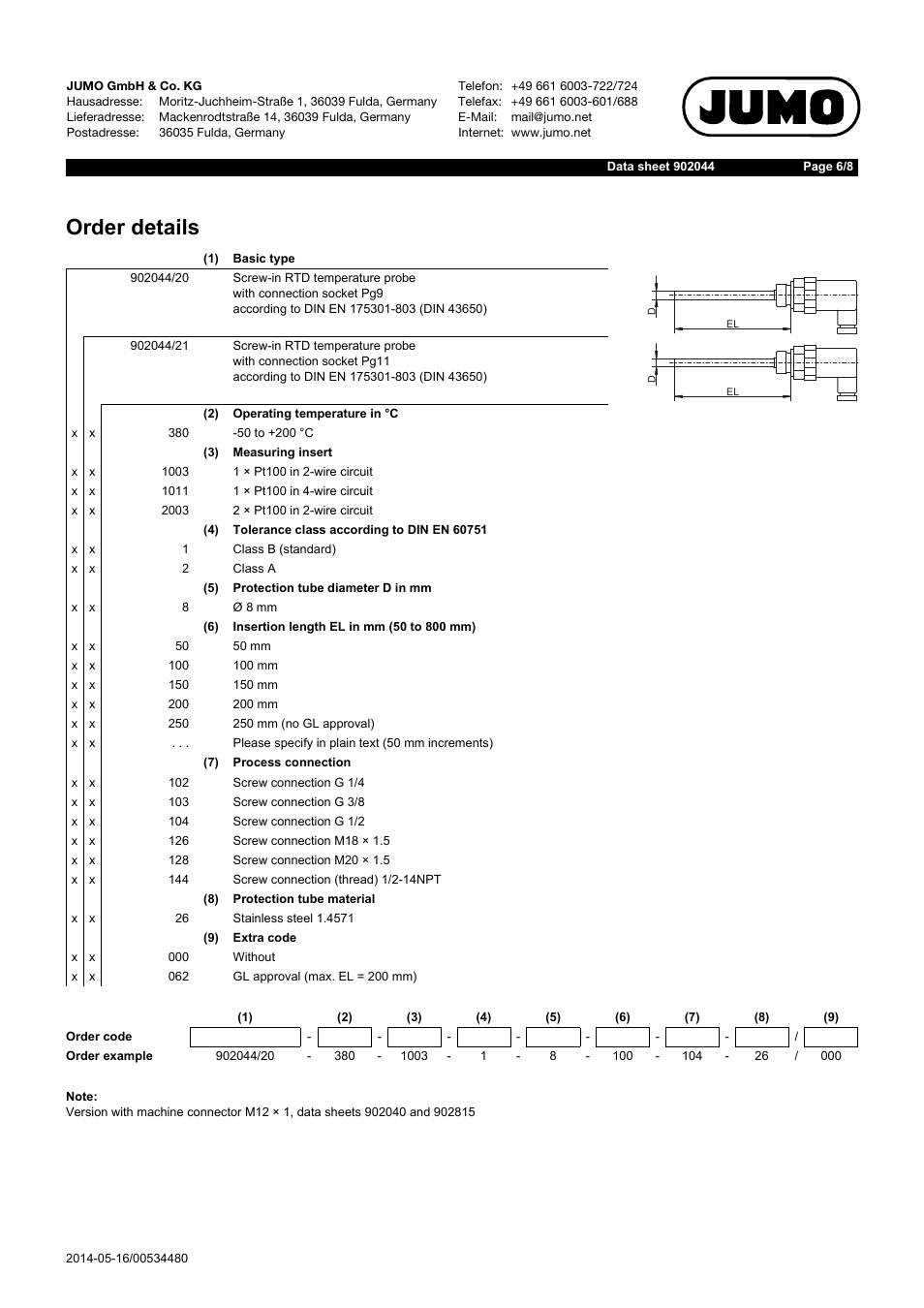 Order details | JUMO 902044 Screw-in RTD Temperature Probe with Connector According to DIN EN 175301 Data Sheet User Manual | Page 6 / 8