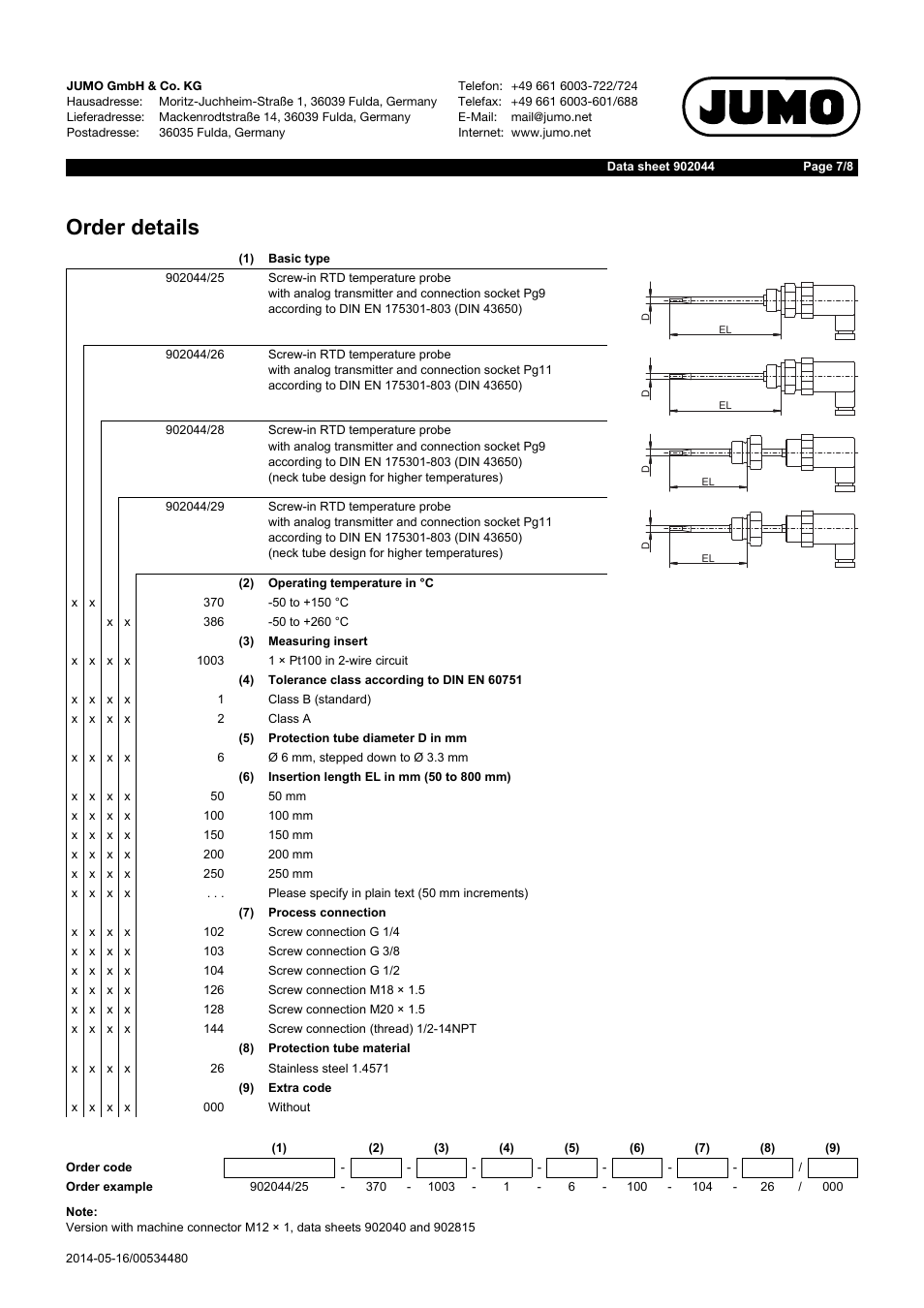 Order details | JUMO 902044 Screw-in RTD Temperature Probe with Connector According to DIN EN 175301 Data Sheet User Manual | Page 7 / 8