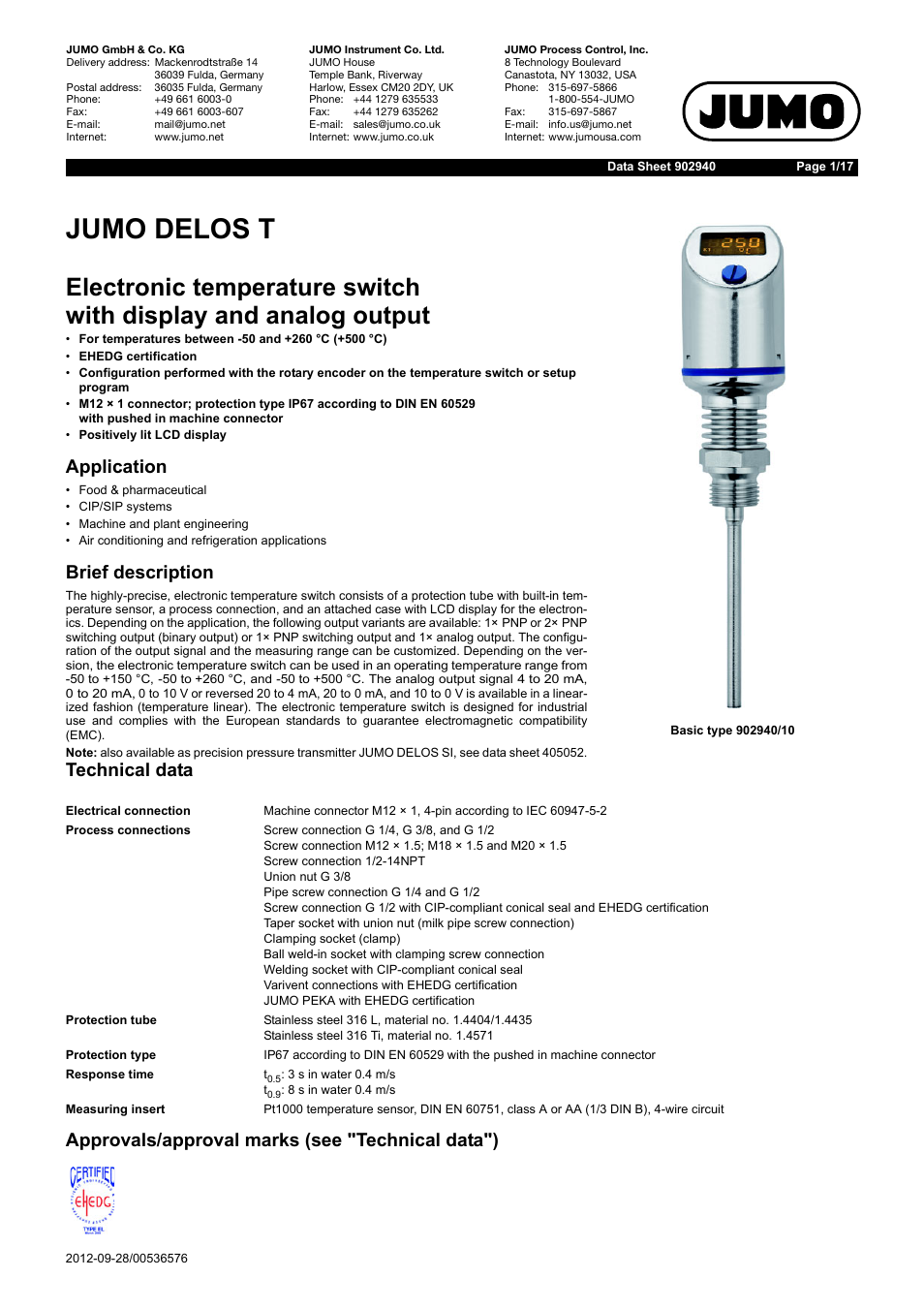 JUMO 902940 DELOS T Electronic Temperature Switch with Display and Analog Output Data Sheet User Manual | 17 pages