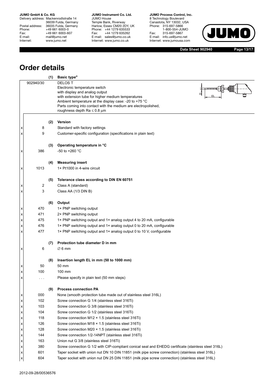 Order details | JUMO 902940 DELOS T Electronic Temperature Switch with Display and Analog Output Data Sheet User Manual | Page 13 / 17