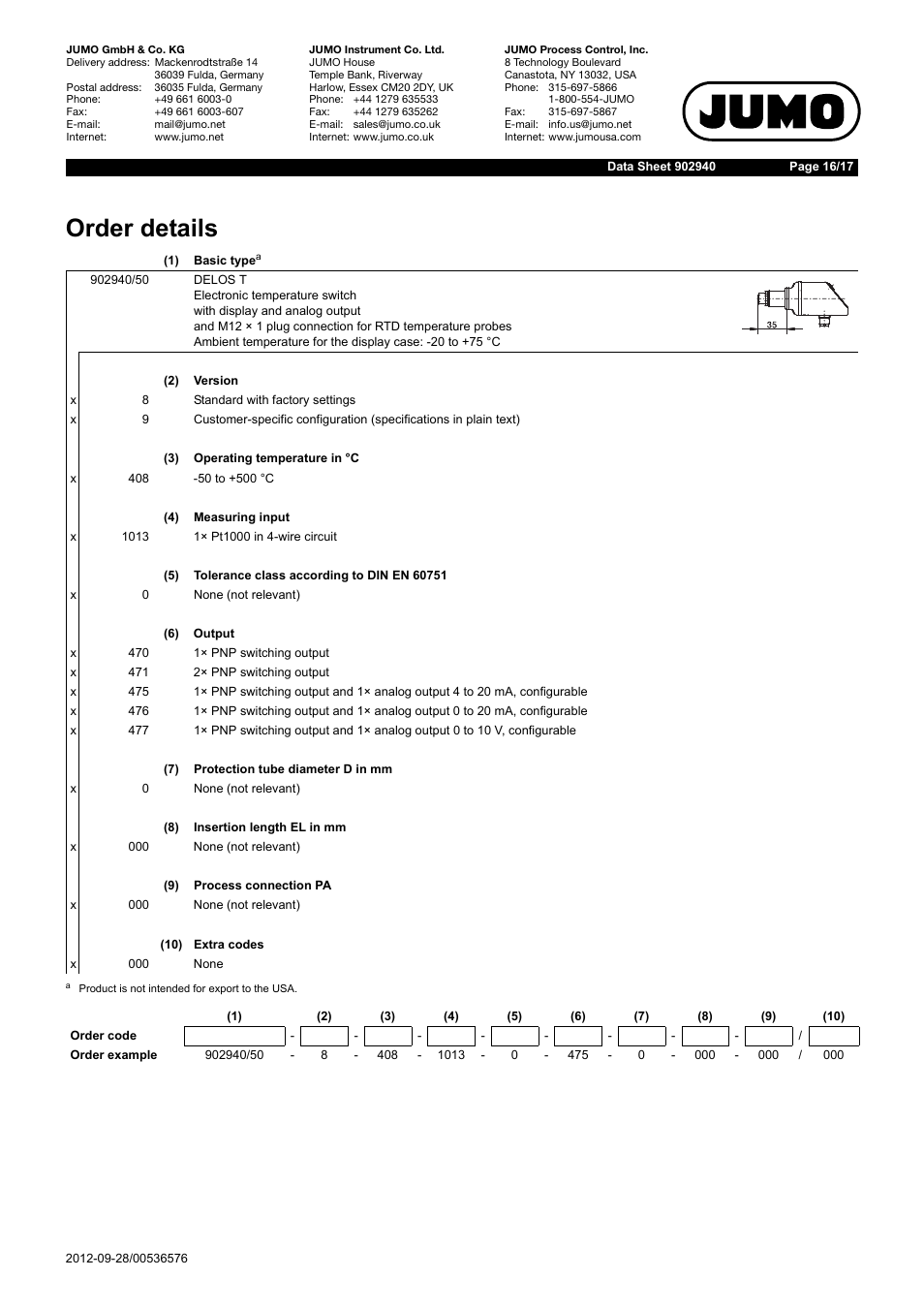 Order details | JUMO 902940 DELOS T Electronic Temperature Switch with Display and Analog Output Data Sheet User Manual | Page 16 / 17