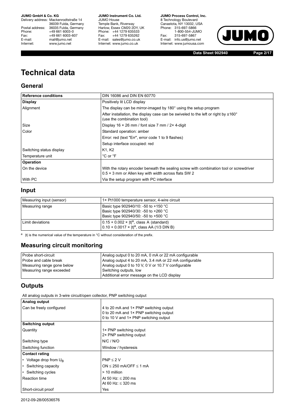 Technical data, General input measuring circuit monitoring outputs | JUMO 902940 DELOS T Electronic Temperature Switch with Display and Analog Output Data Sheet User Manual | Page 2 / 17