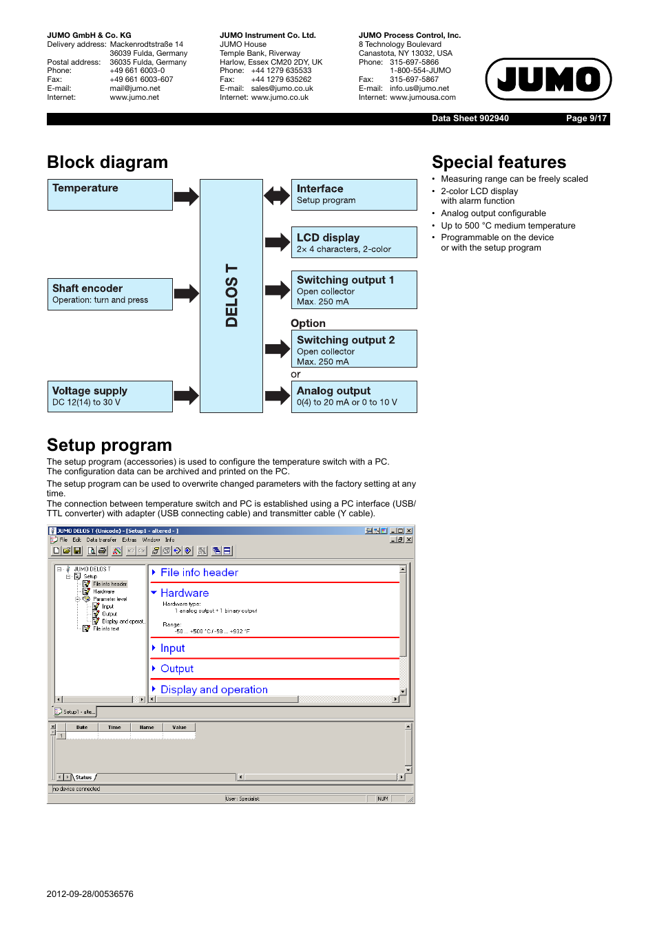 Block diagram setup program, Special features | JUMO 902940 DELOS T Electronic Temperature Switch with Display and Analog Output Data Sheet User Manual | Page 9 / 17