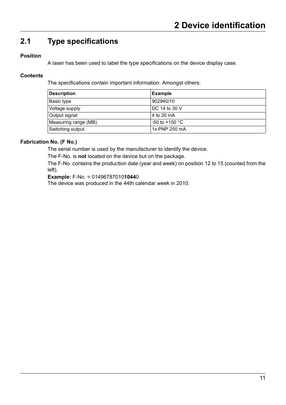 2 device identification, 1 type specifications, Device identification | Type specifications | JUMO 902940 DELOS T Electronic Temperature Switch with Display and Analog Output Operating Manual User Manual | Page 11 / 76