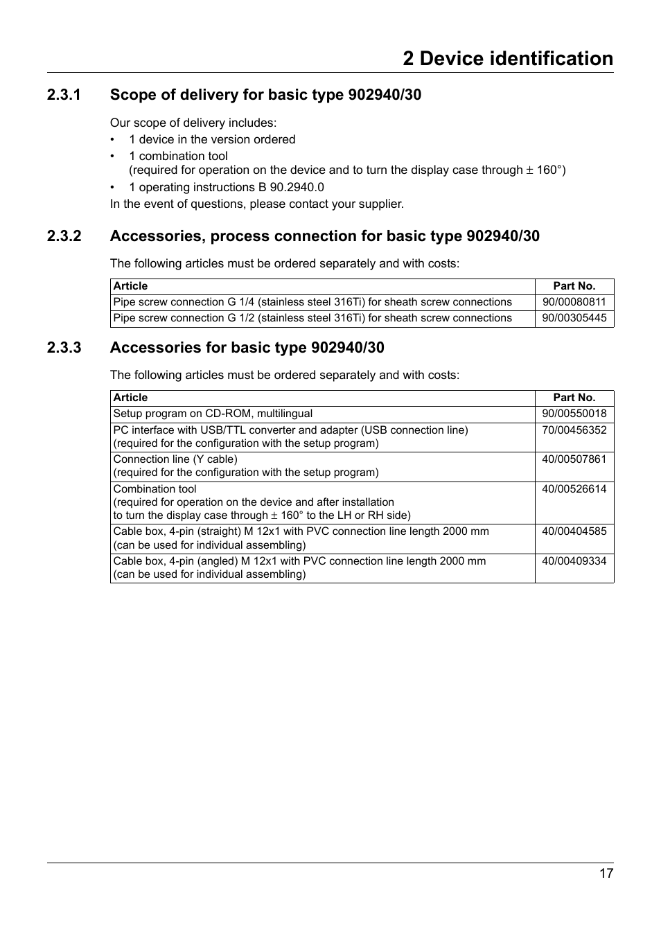 1 scope of delivery for basic type 902940/30, 3 accessories for basic type 902940/30, 2 device identification | JUMO 902940 DELOS T Electronic Temperature Switch with Display and Analog Output Operating Manual User Manual | Page 17 / 76