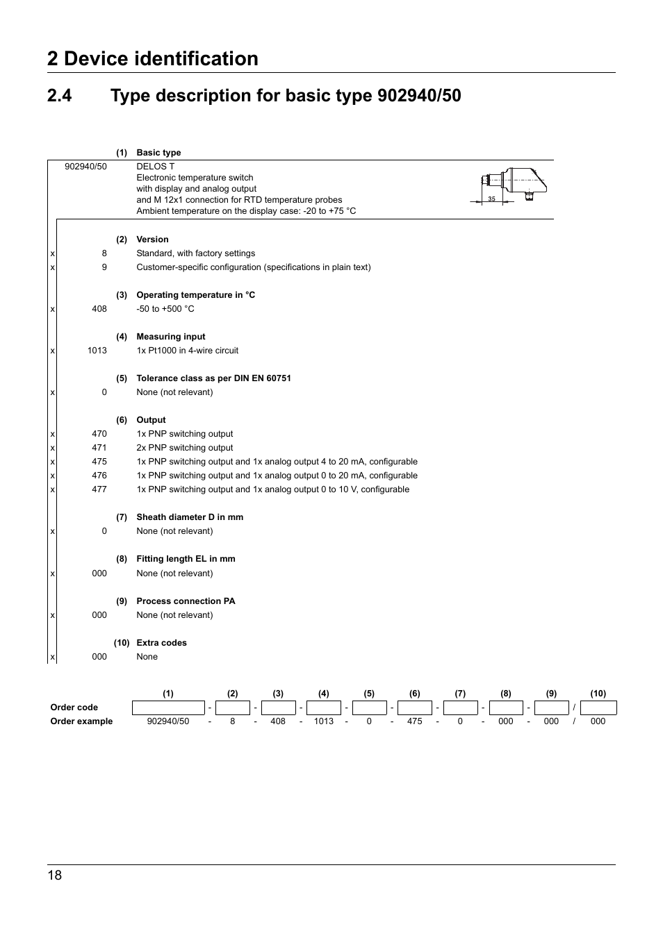 4 type description for basic type 902940/50, Type description for basic type 902940/50, 2 device identification | JUMO 902940 DELOS T Electronic Temperature Switch with Display and Analog Output Operating Manual User Manual | Page 18 / 76
