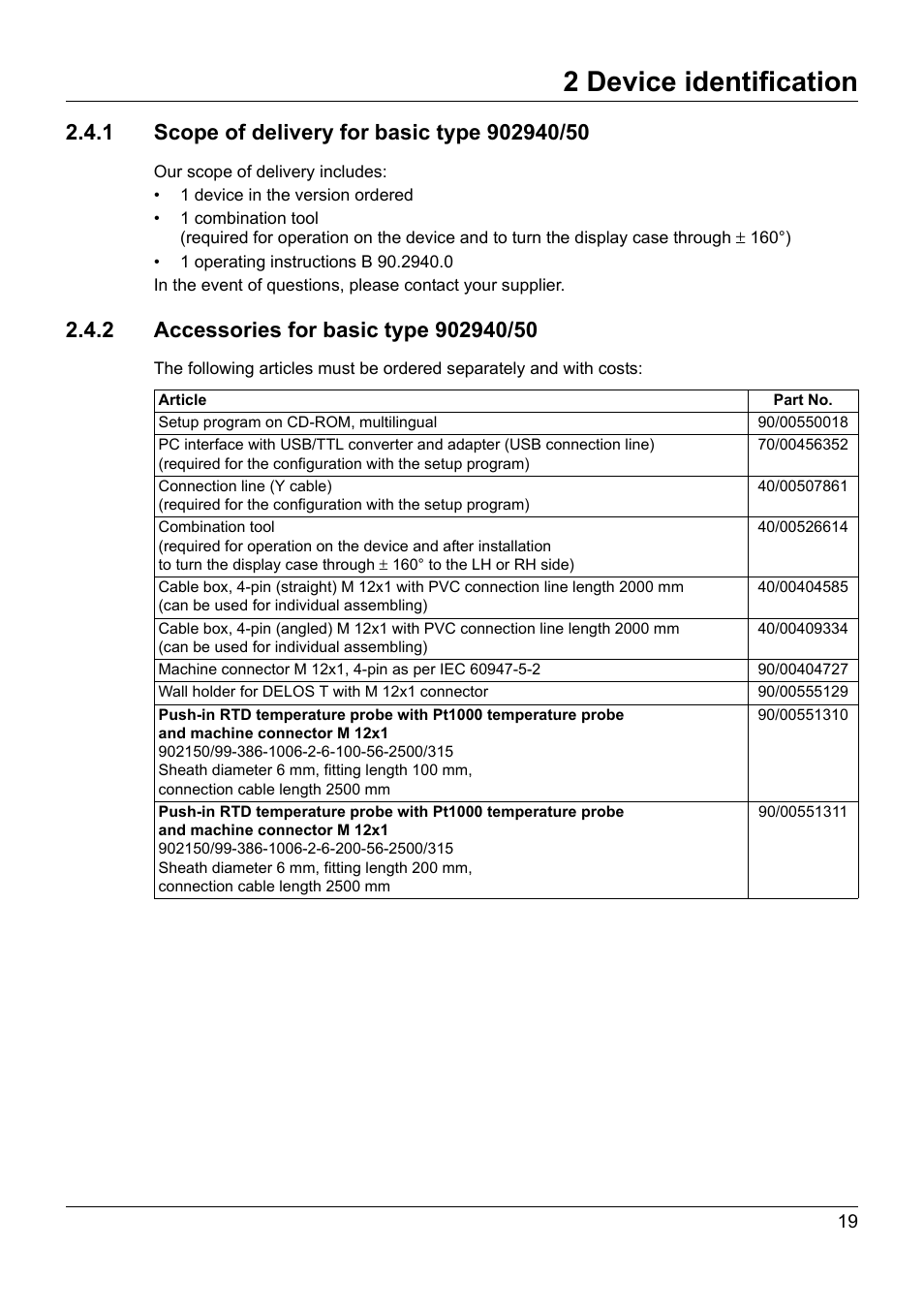 1 scope of delivery for basic type 902940/50, 2 accessories for basic type 902940/50, 2 device identification | JUMO 902940 DELOS T Electronic Temperature Switch with Display and Analog Output Operating Manual User Manual | Page 19 / 76