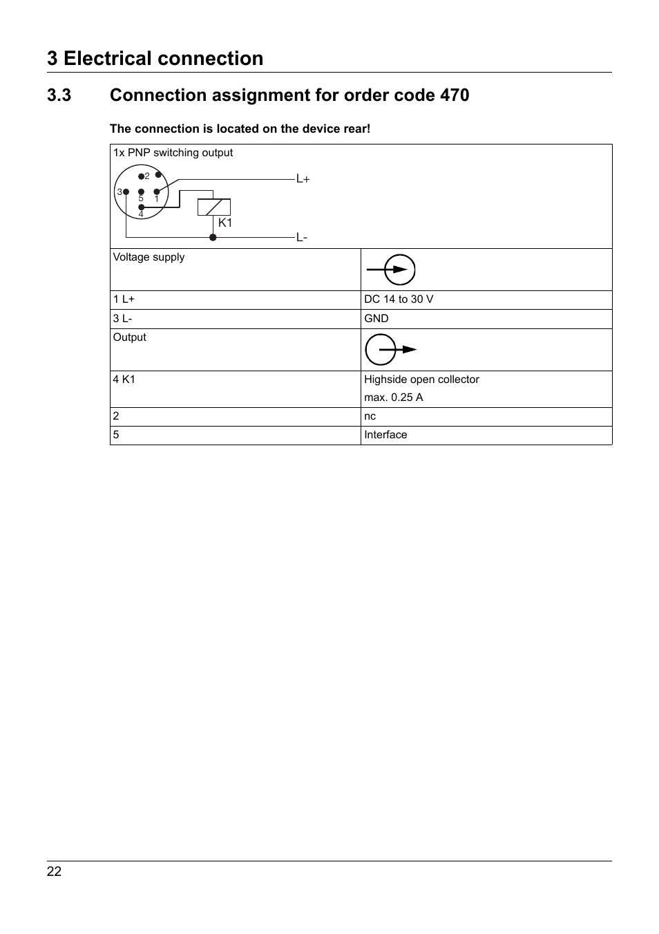 3 connection assignment for order code 470, Connection assignment for order code 470, 3 electrical connection | JUMO 902940 DELOS T Electronic Temperature Switch with Display and Analog Output Operating Manual User Manual | Page 22 / 76