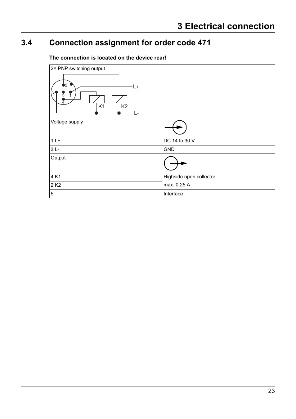 4 connection assignment for order code 471, Connection assignment for order code 471, 3 electrical connection | JUMO 902940 DELOS T Electronic Temperature Switch with Display and Analog Output Operating Manual User Manual | Page 23 / 76